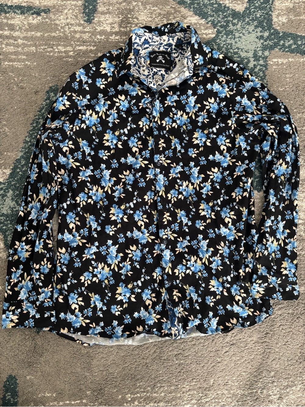 Floral Button-Up Shirt - Blue Floral on Black - Women